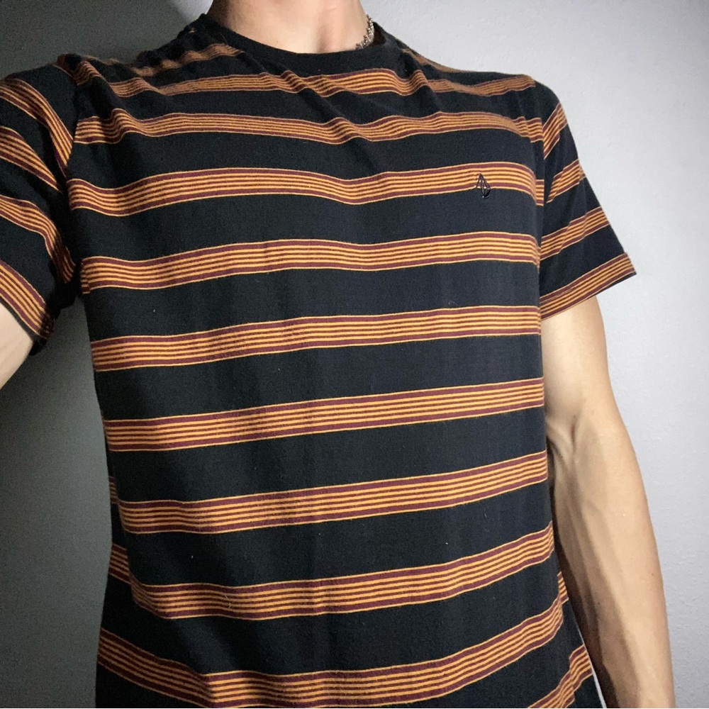 Men's Black and Orange Striped Shirt Volcom